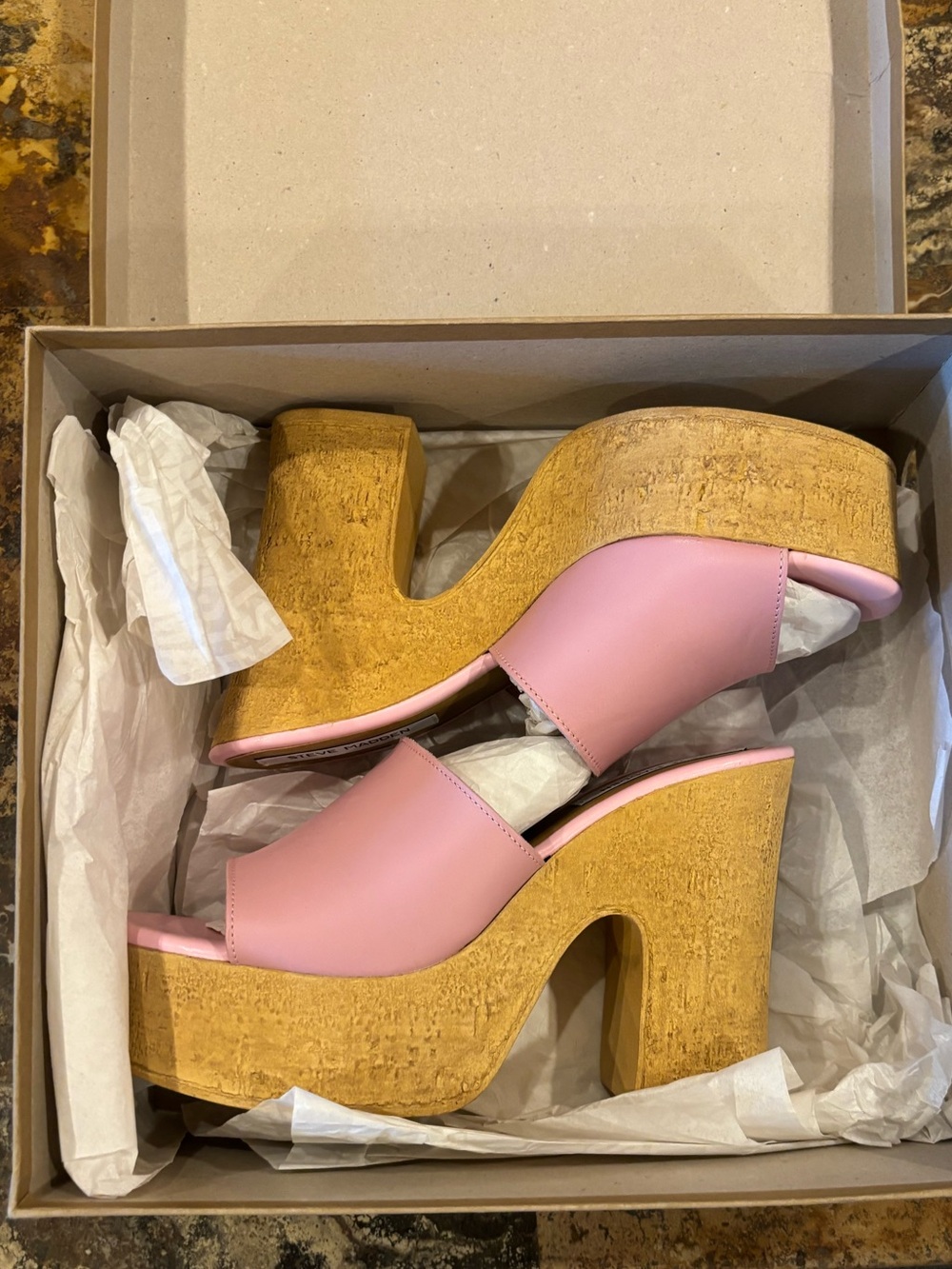 Steve Madden Mardi Pink Leather Platform Cork Wedge Sandals